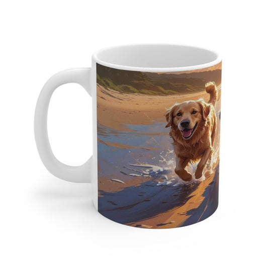 Mug - Running Dogs on the Beach at Sunset Ceramic Coffee Cup - A Pretty Print