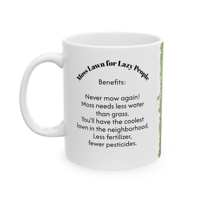 Funny 11oz Moss Lawn for Lazy People Mug | Funny Gardening Coffee Cup with a green moss motif on a modern wooden kitchen counter.