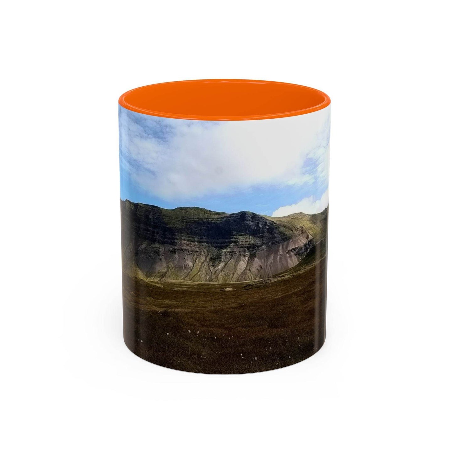 Kaffeebecher aus Keramik, 325 ml, mit orangem Henkel und oranger Innenseite, bedruckt mit einer Islandlandschaft.