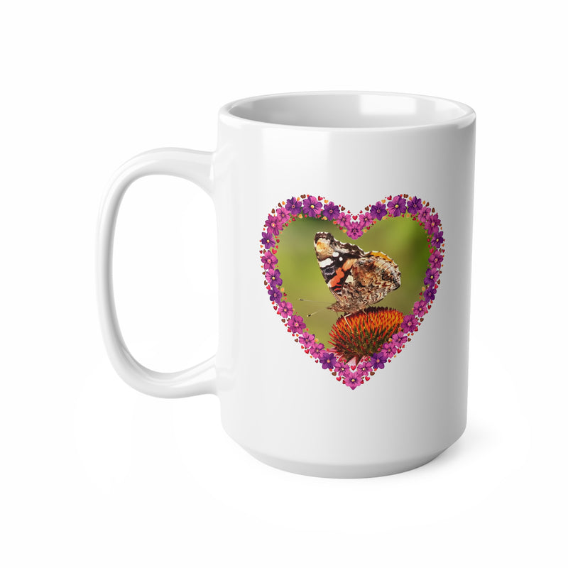 Glossy white 440ml ceramic mug featuring a delicate heart flower frame with a detailed butterfly perched on a coneflower.