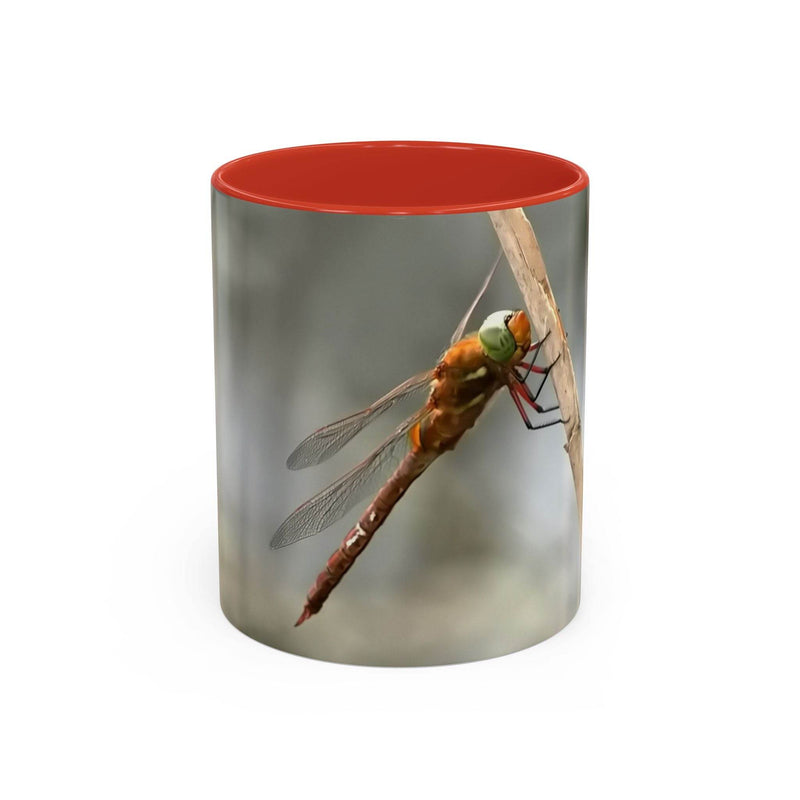 Pretty dragonfly accent coffee mug in 325ml size, designed with a red handle and red inside to add a stylish pop of personality.