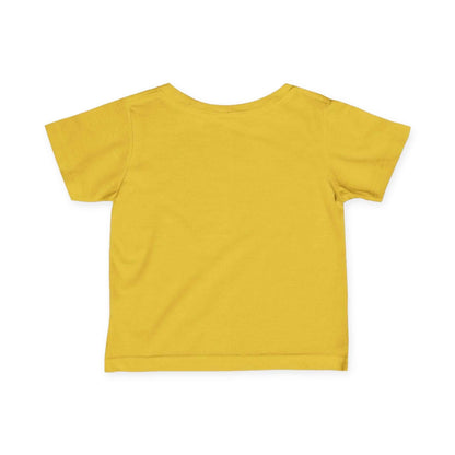 Infant tee Dino Friends Forever in yellow, back view.