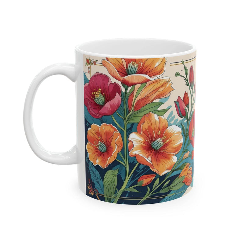 Vibrant 11oz Mug Turkish Flower Tea Ceramic Mug with a glossy floral print on a modern wooden kitchen counter layout.