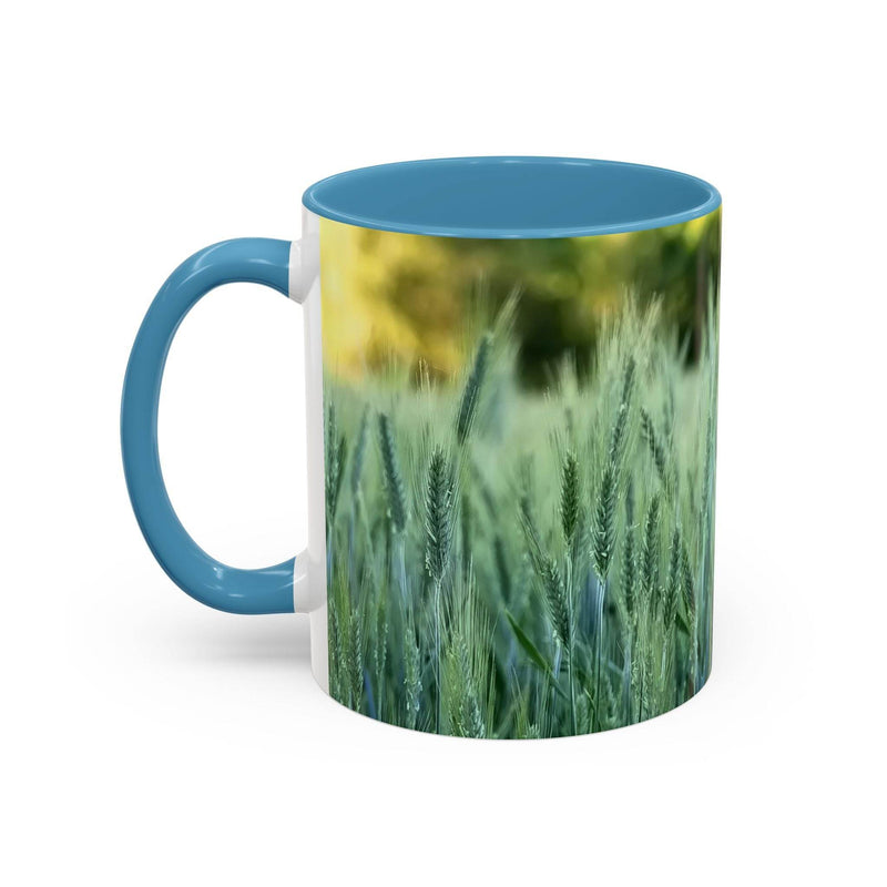 Nature inspired 11oz Mug - Wheat Field Design Coffee Mug with a light blue handle and light blue inside.