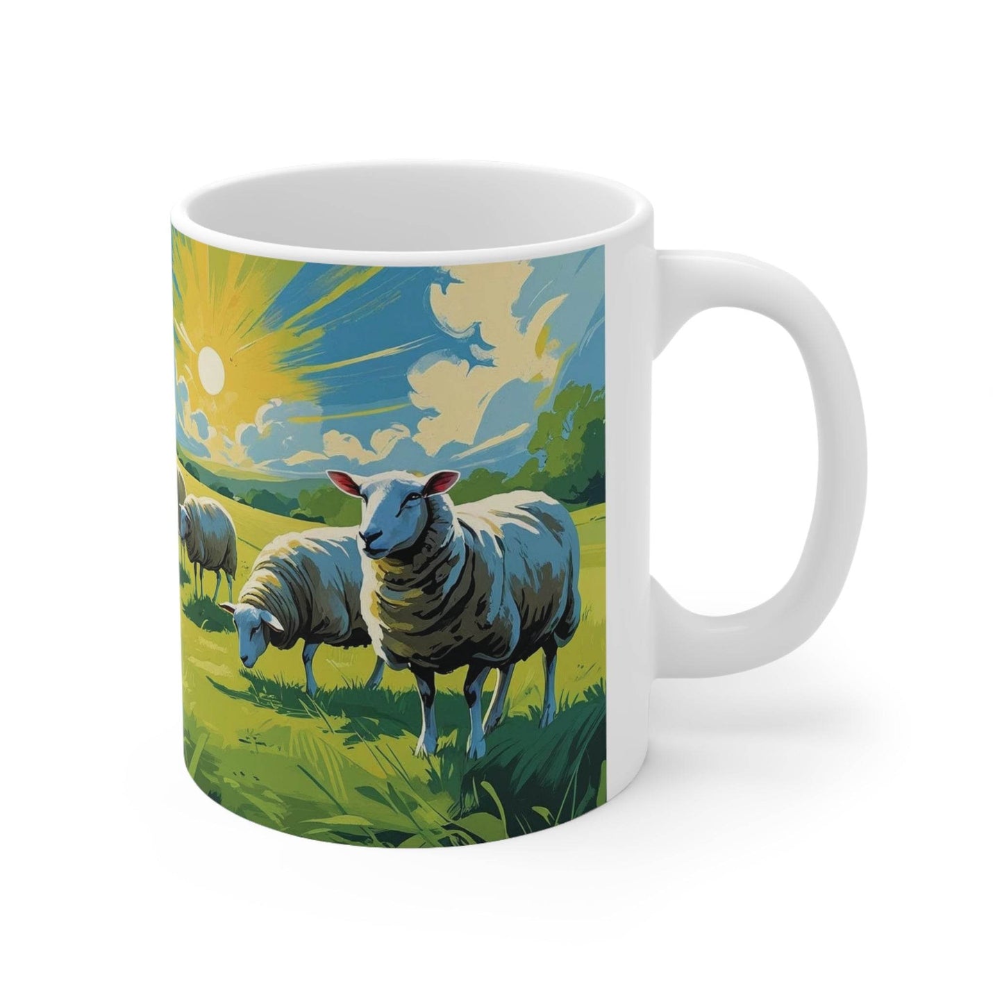 Hochwertiger 325ml Kaffeebecher aus robustem Keramikmaterial mit praktischem Henkel und einer kunstvollen Schaf-Illustration.