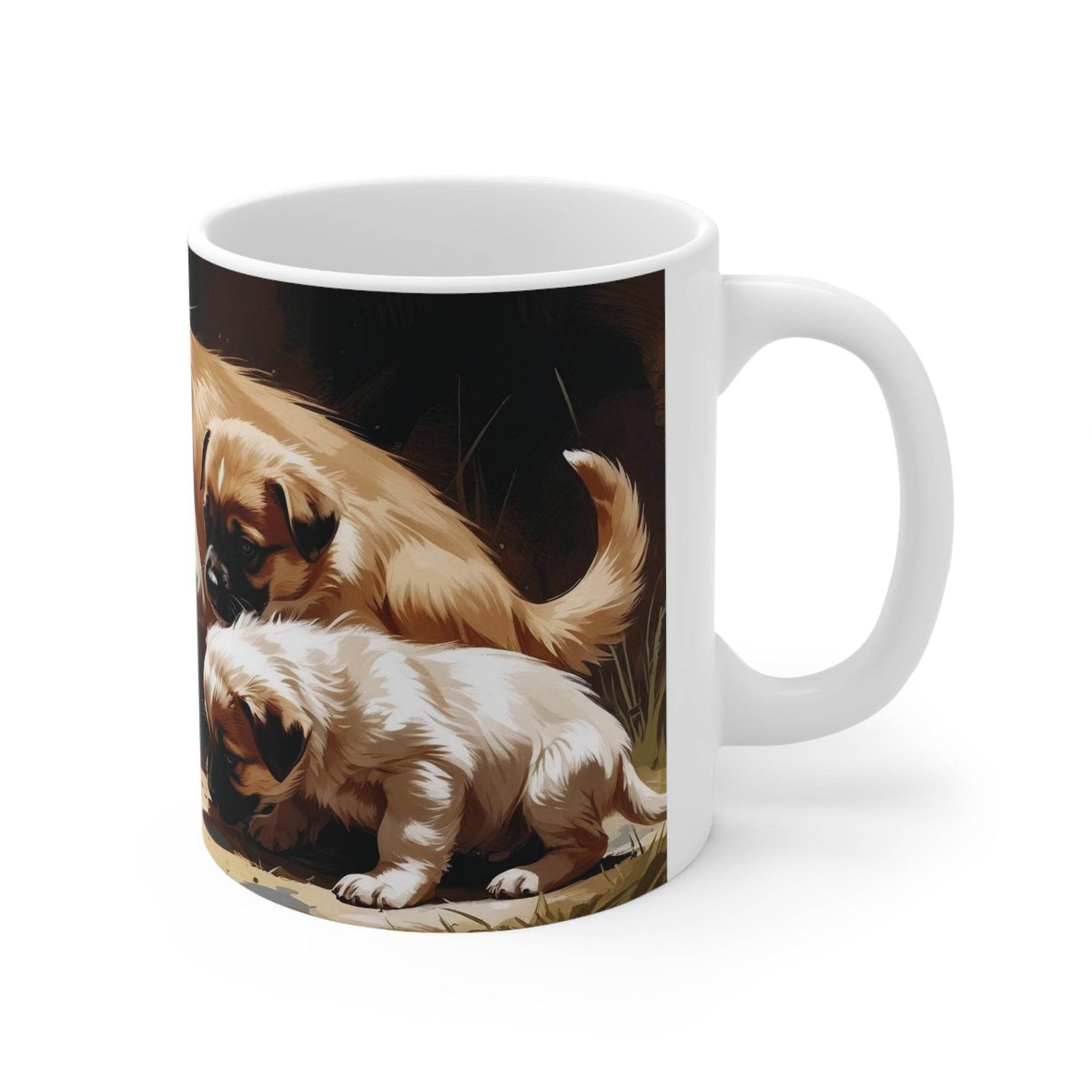 Niedlicher 325ml Kaffeebecher, der eine Hundefamilie mit 5 süßen Welpen zeigt, ideal für entspannte Tee- und Kaffeepausen.