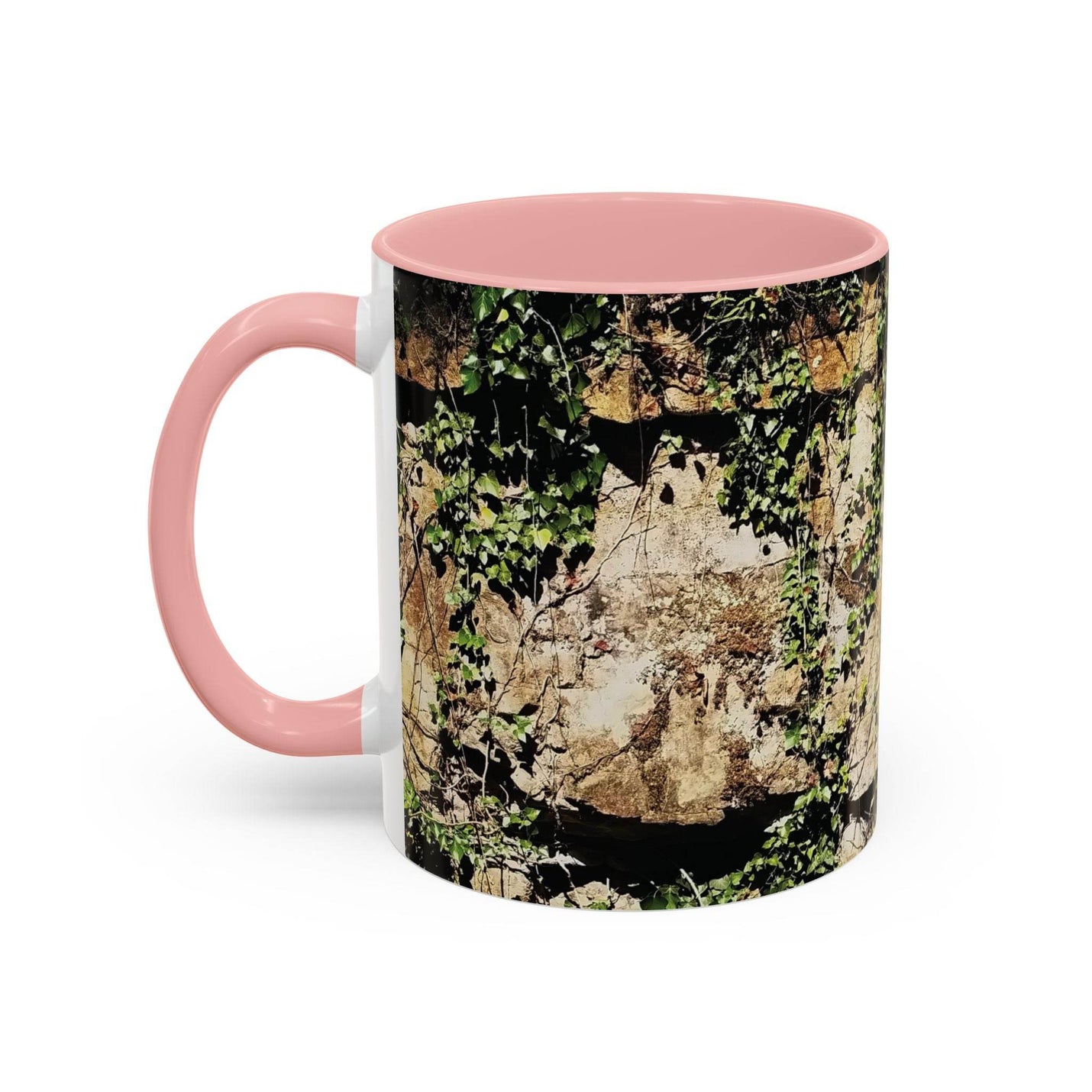 325ml Overgrown Rocks Adventure Kaffeebecher mit rosa Henkel und rosa Innenseite, perfekt für Naturliebhaber.
