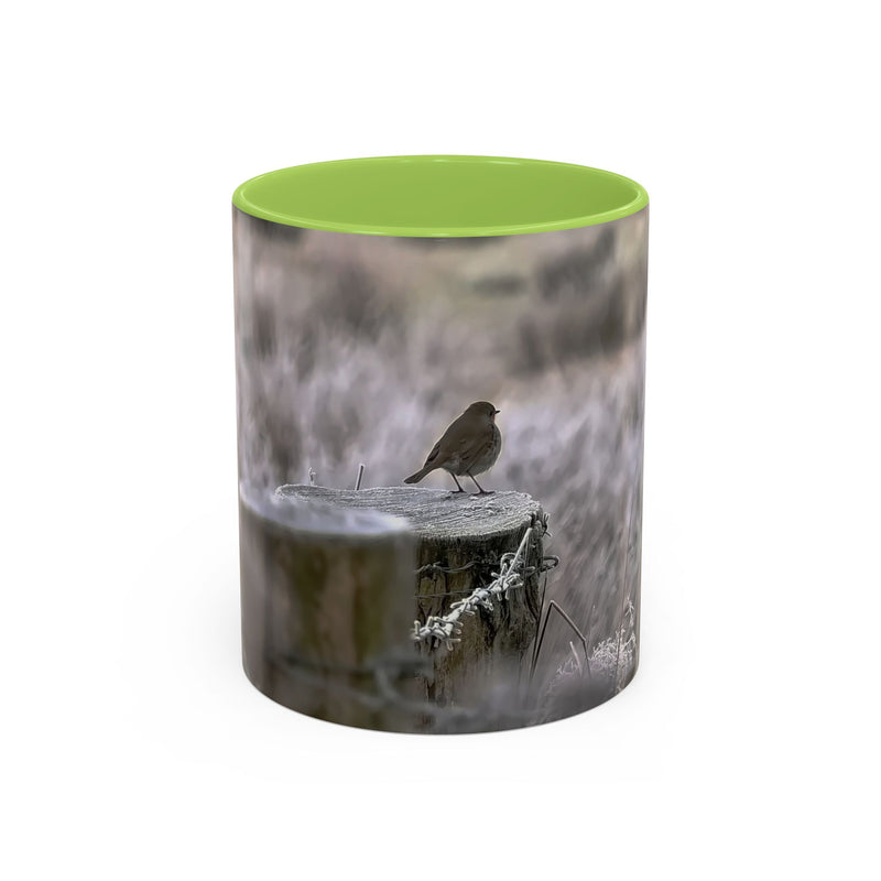 325ml rustic robin coffee mug with a light green handle and inside.