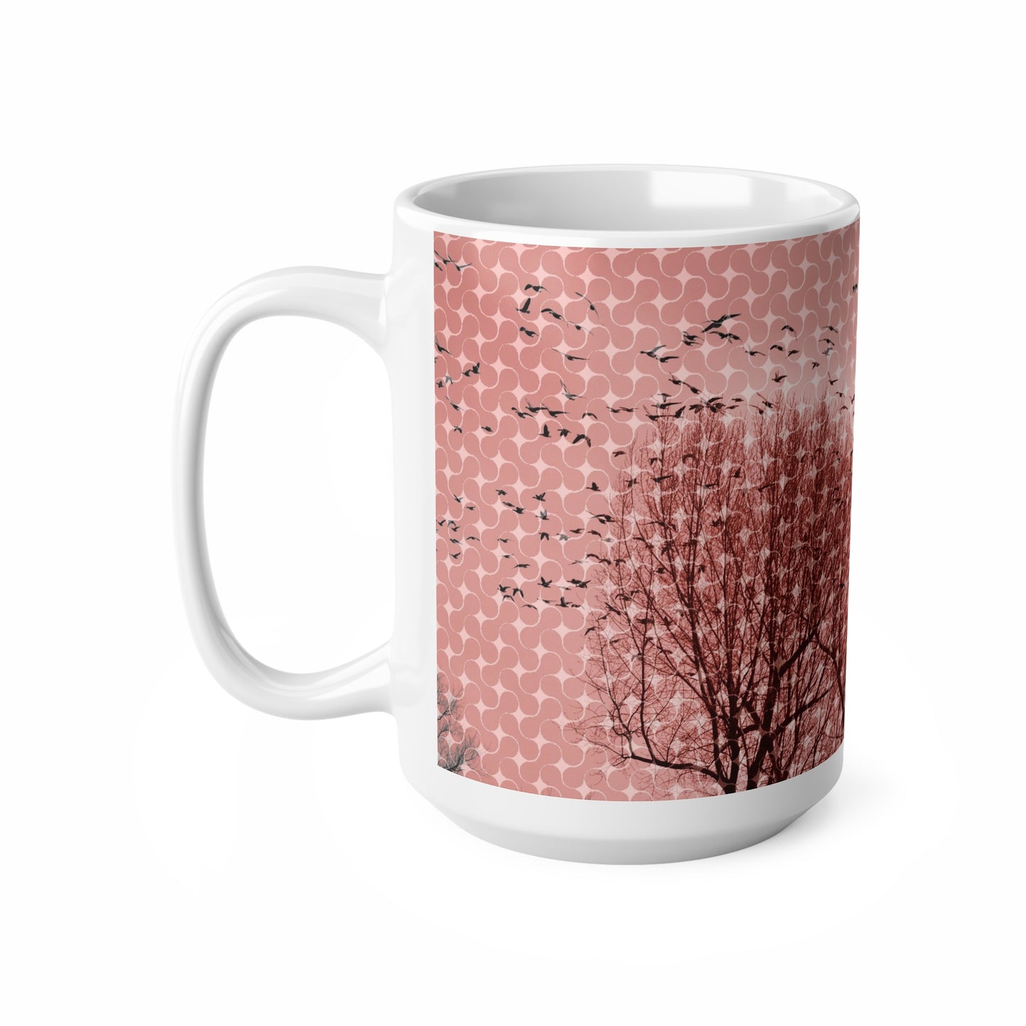 Birds at Dusk Ceramic Mug — Pink Tree Silhouette Coffee Mug