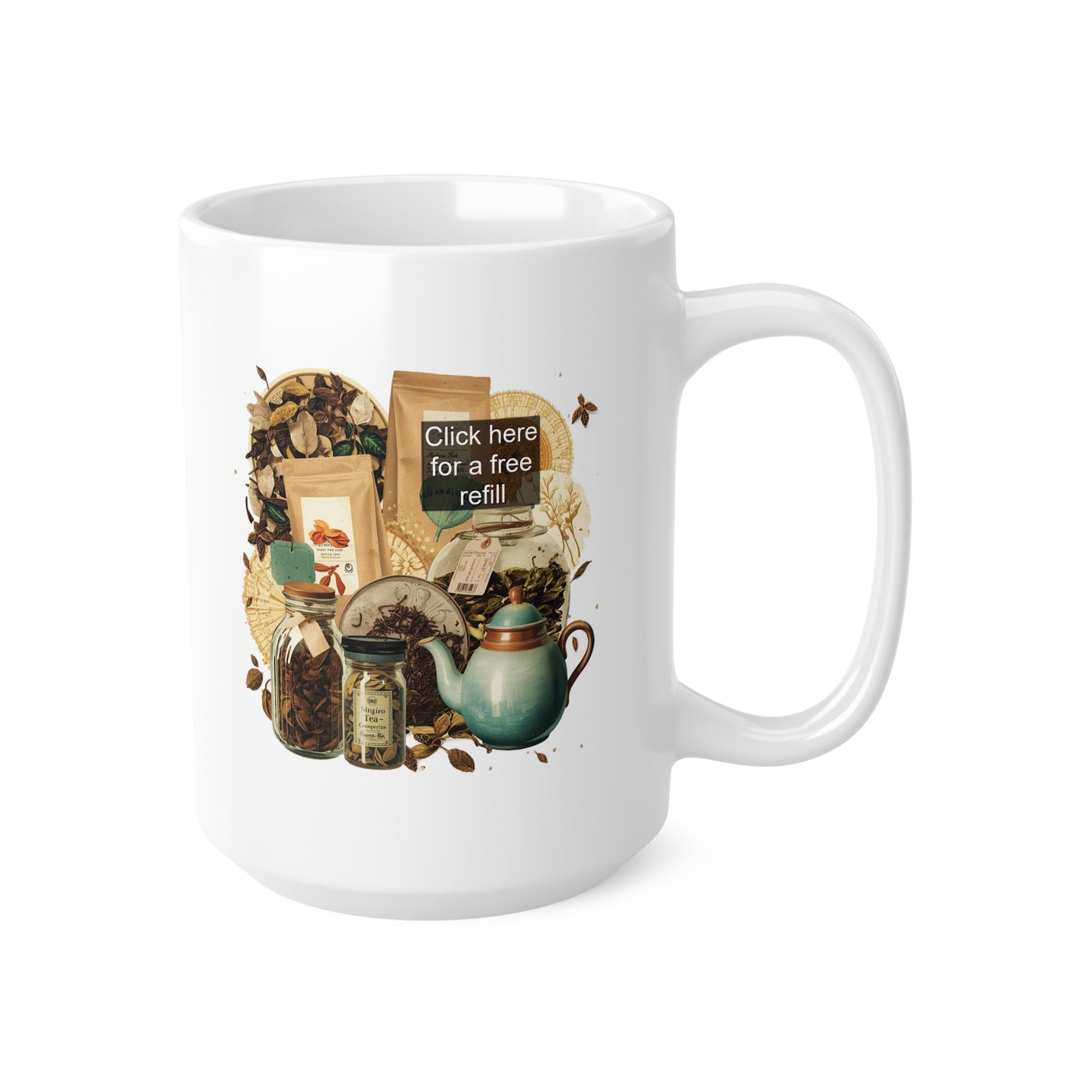 Hochwertiger 440ml glänzend weißer Keramik-Kaffeebecher mit dem modernen grafischen Click Here for a Free Refill Design.