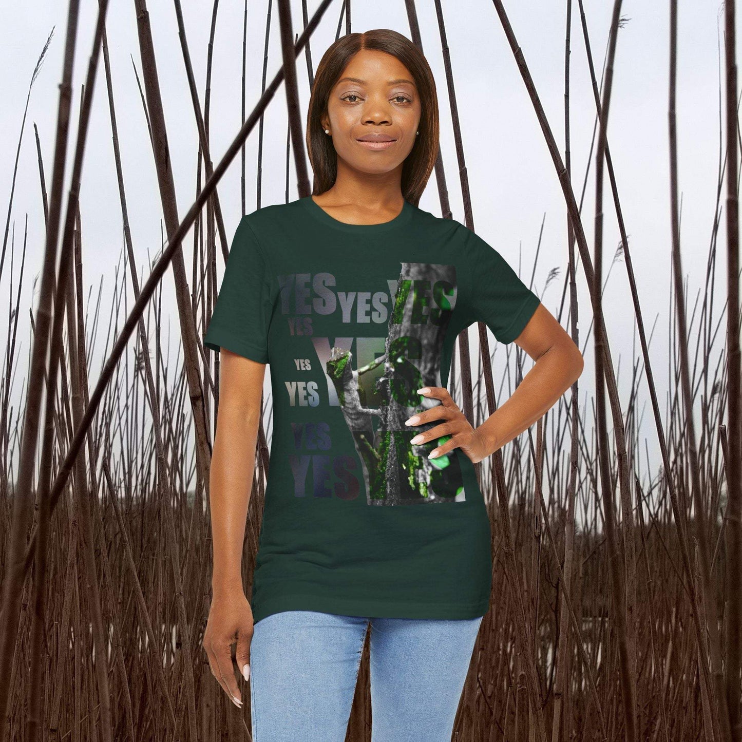 Diploderma Nature Print Unisex Tee with "Yes and No" graphic, earthy tone, worn by a model in natural setting.