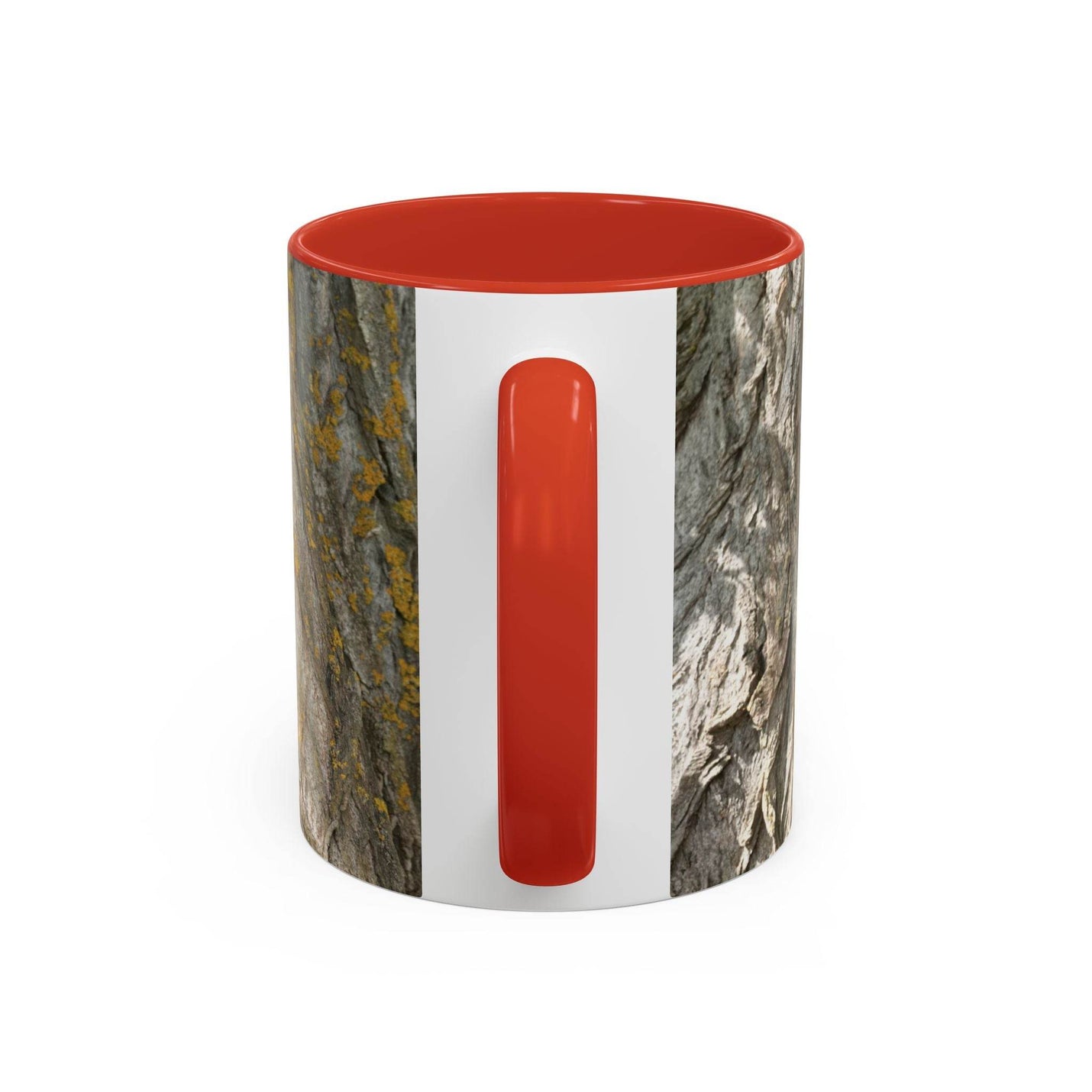 325ml Becher für Naturbegeisterte mit einem urigen Baumstamm-Design sowie einem roten Henkel und rotem Innenraum.