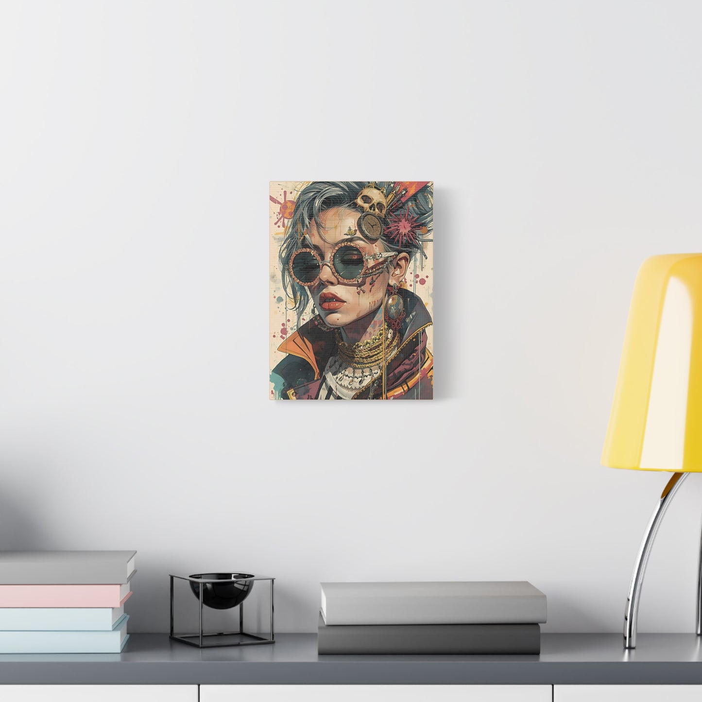 Steampunk Portrait Matte Canvas Art – Edgy Sunglassed Woman Wall Decor
