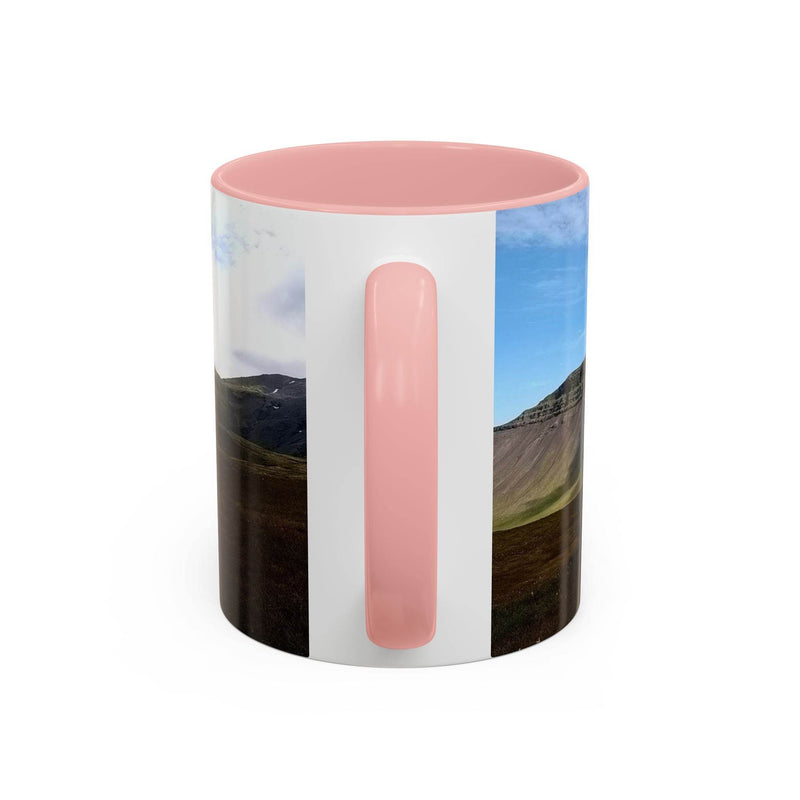 Modern 11oz Coffee Mug - Iceland Scenery for home decor, featuring a pink handle and pink inside.