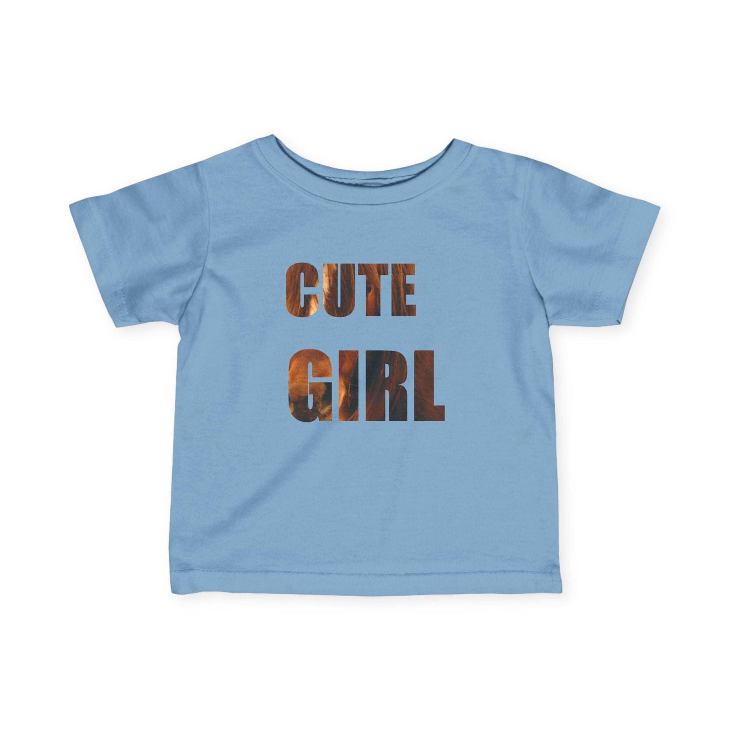Blue infant tee with "Cute Girl" text featuring a horse design, perfect for animal-loving babies.