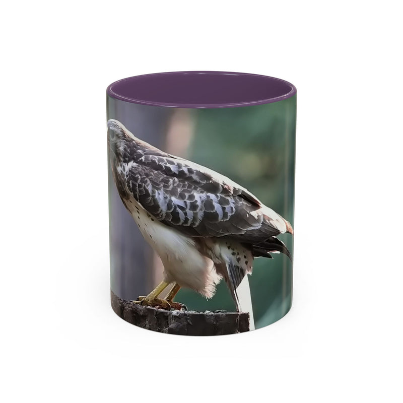Keramik Mäusebussard Becher 325ml mit lila Henkel und Innenseite.
