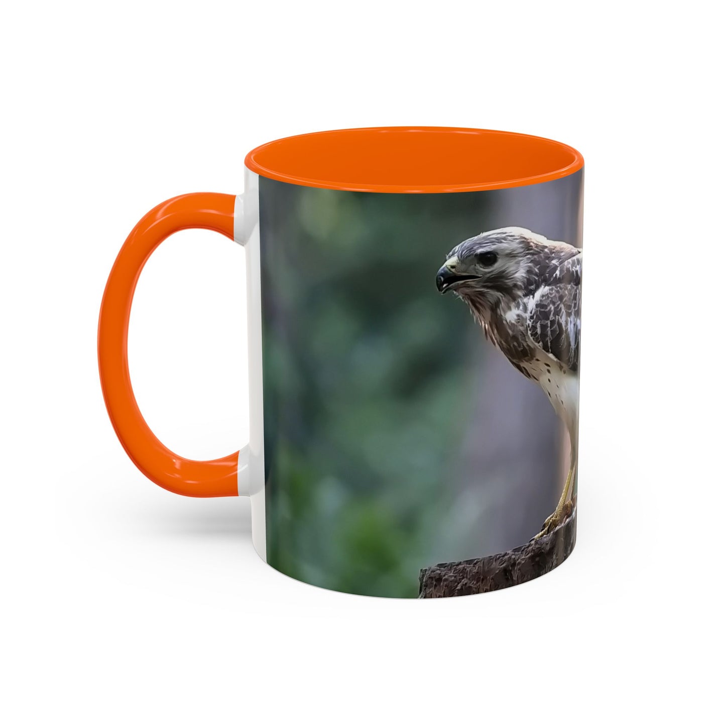 Mäusebussard Becher 325ml mit Naturdesign, orangem Henkel und Inneren.