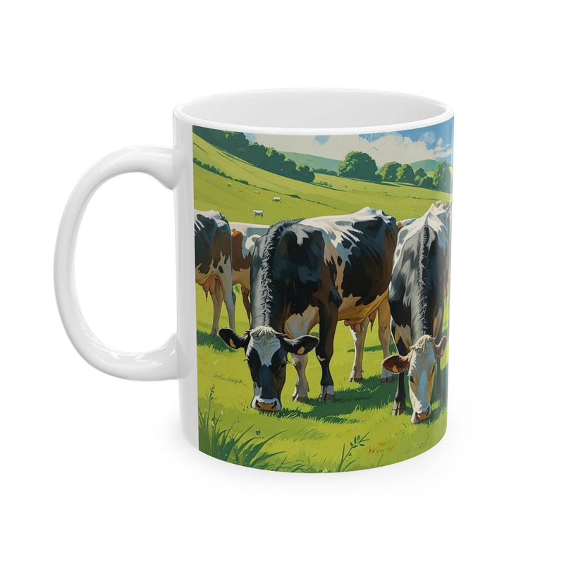 Serene 11oz ceramic Mug - Grazing Cows on Mountain Pasture Ceramic Coffee Mug showing alpine cows on a wooden counter.