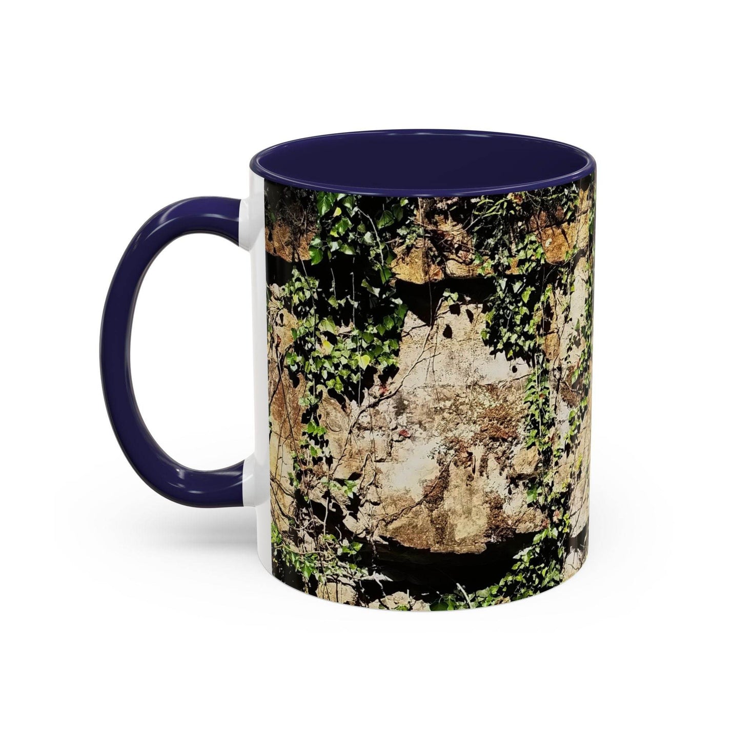 Robust 11oz Mug - Overgrown Rocks Adventure Coffee Mug with a navy handle and navy inside on wood.