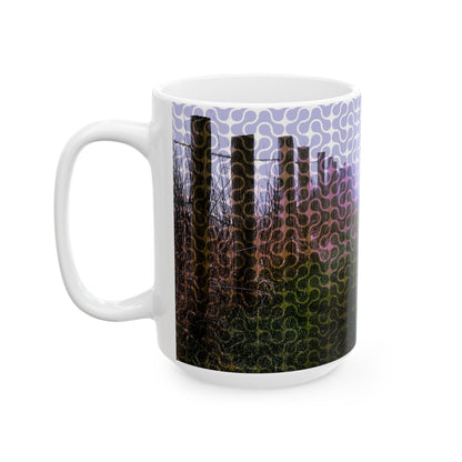Soulful 15oz ceramic mug featuring a misty forest fence landscape print in soft mauves and forest greens with an organic looping pattern.