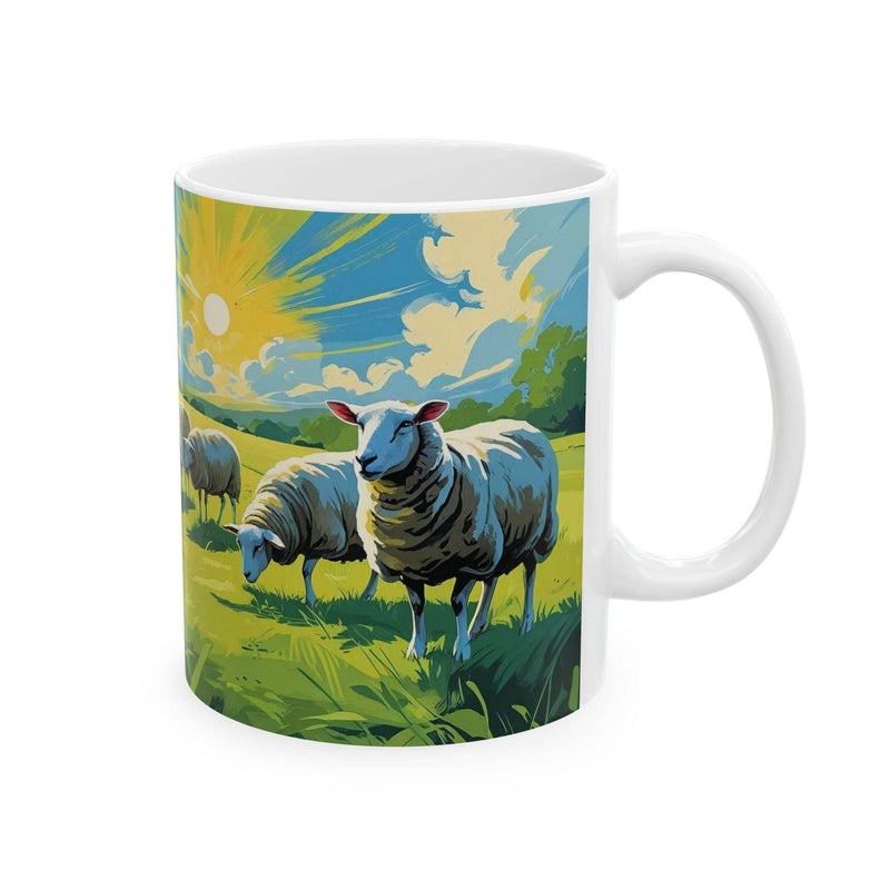 Premium 11oz nature inspired Mug - Grazing Sheep Coffee Mug filled with hot beverage on a rustic dining table.