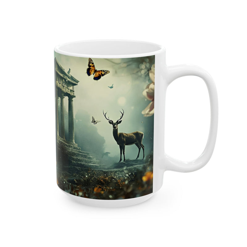 Mythic Garden Ceramic Mug — Ancient Ruins, Dear & Butterfly Floral Coffee Cup (11oz/15oz)