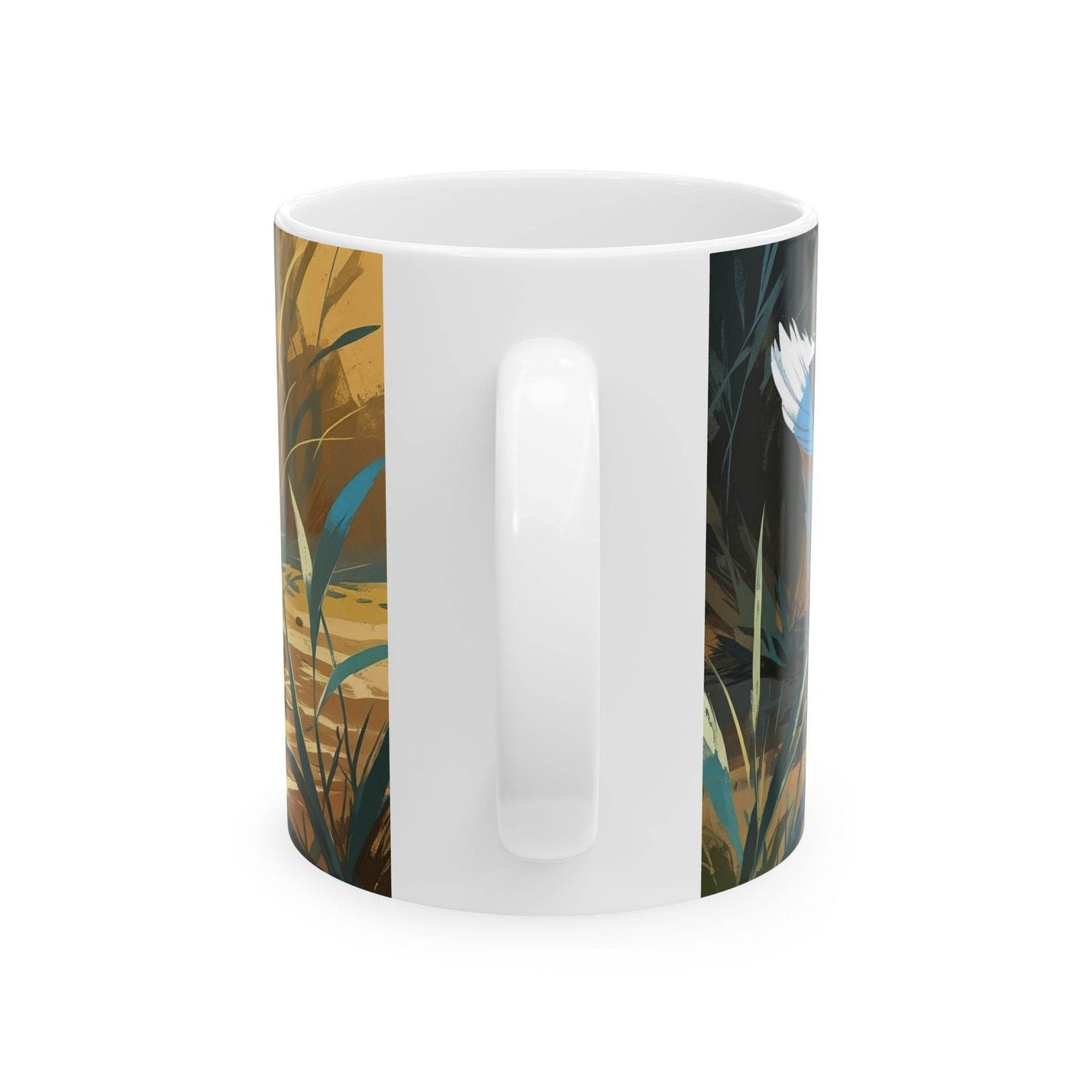 Glossy white 11oz ceramic mug featuring an artistic nature illustration of geese.