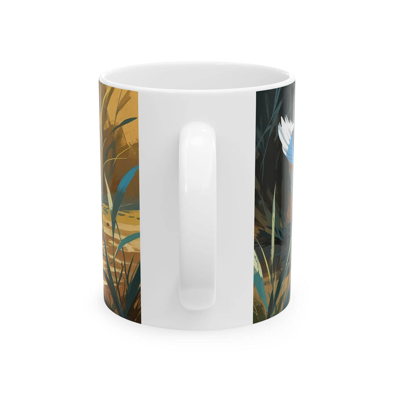 Glossy white 11oz ceramic mug featuring an artistic nature illustration of geese.