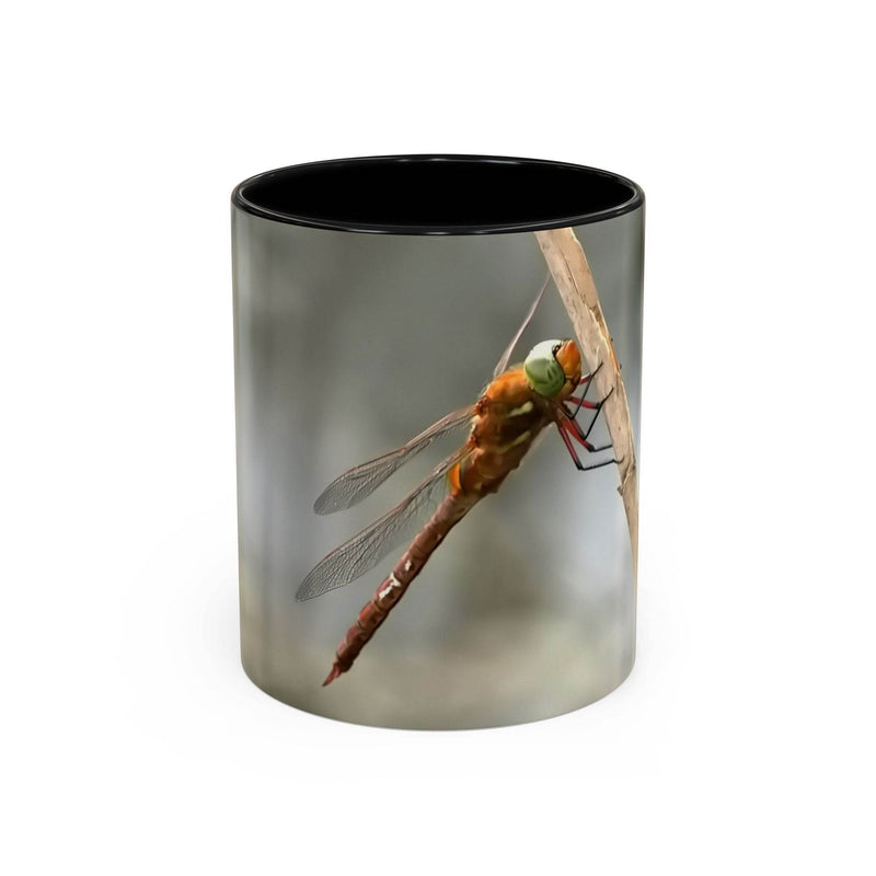 Pretty dragonfly accent coffee mug in 325ml size, designed with a black handle and black inside to add a stylish pop of personality.