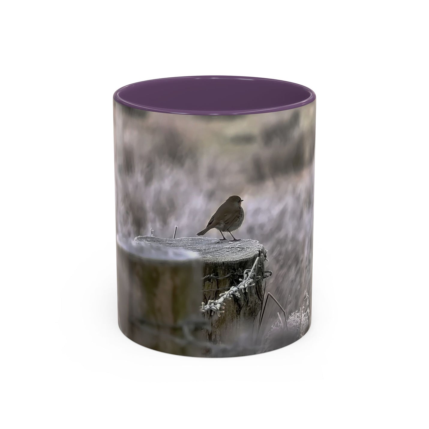 11oz mug featuring a robin nature print with a Purple handle and interior.