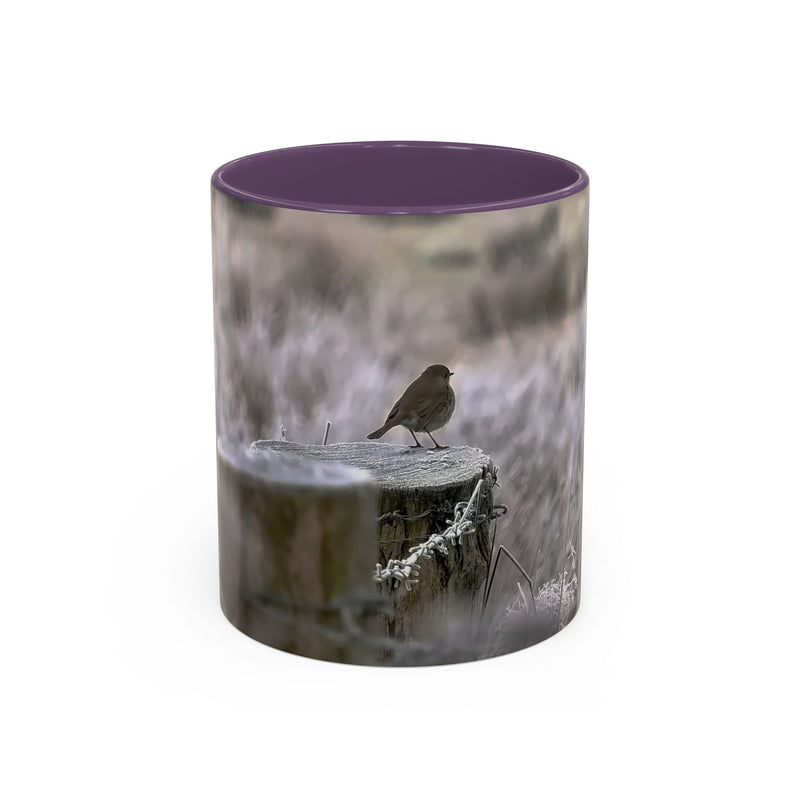 11oz mug featuring a robin nature print with a Purple handle and interior.