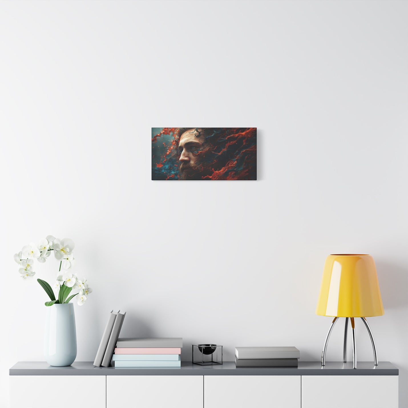 Cinematic ocean god canvas art, size 20″ x 10″ | 50.80 cm x 25.40 cm, Depth 1.25″ | 3.18 cm, featuring rich red and blue pigments.
