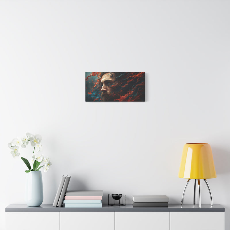 Cinematic ocean god canvas art, size 20″ x 10″ | 50.80 cm x 25.40 cm, Depth 1.25″ | 3.18 cm, featuring rich red and blue pigments.