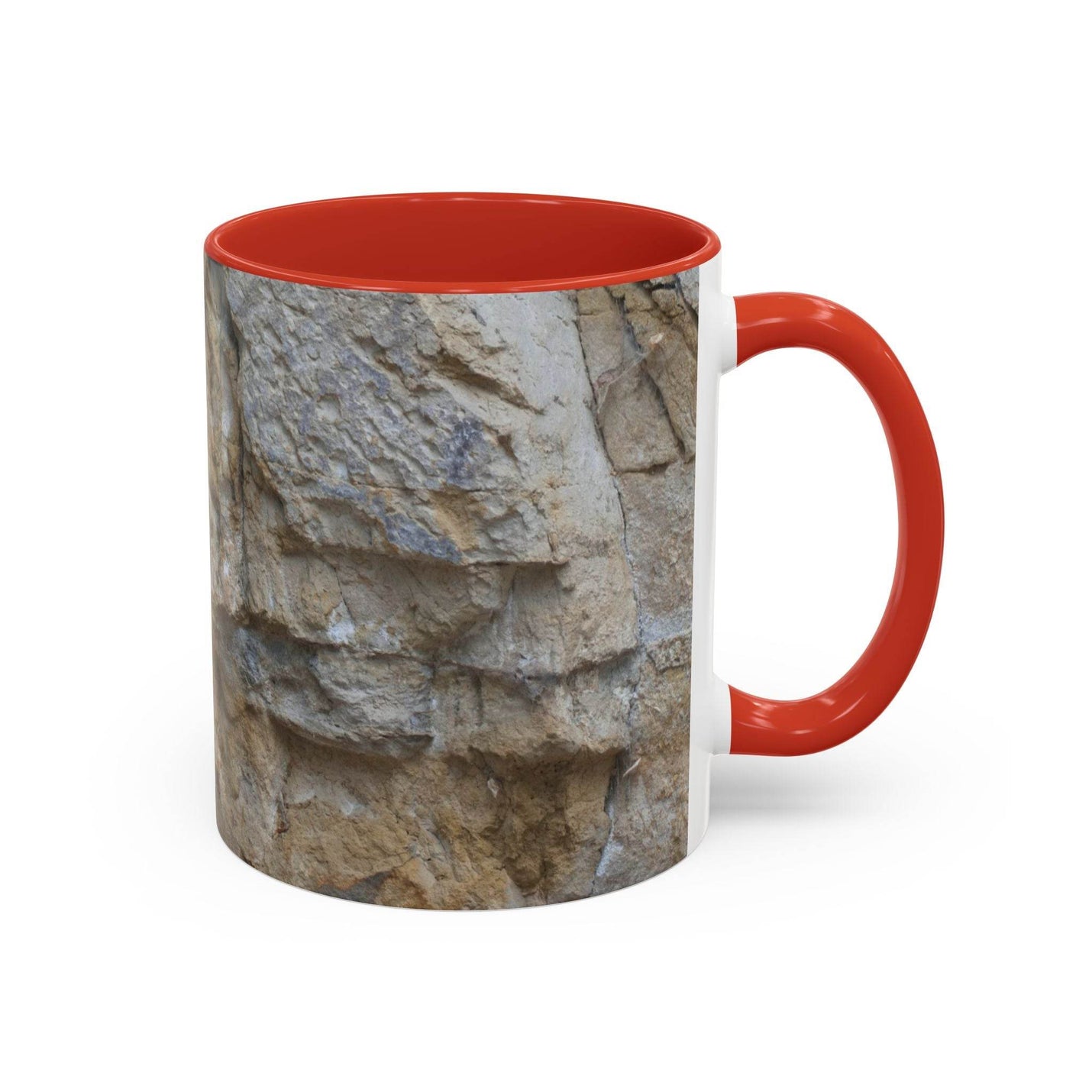 Premium 11oz Rocky Mug, Mountain Lovers, Danger of Falling Rocks for hikers, featuring a red handle and red inside.