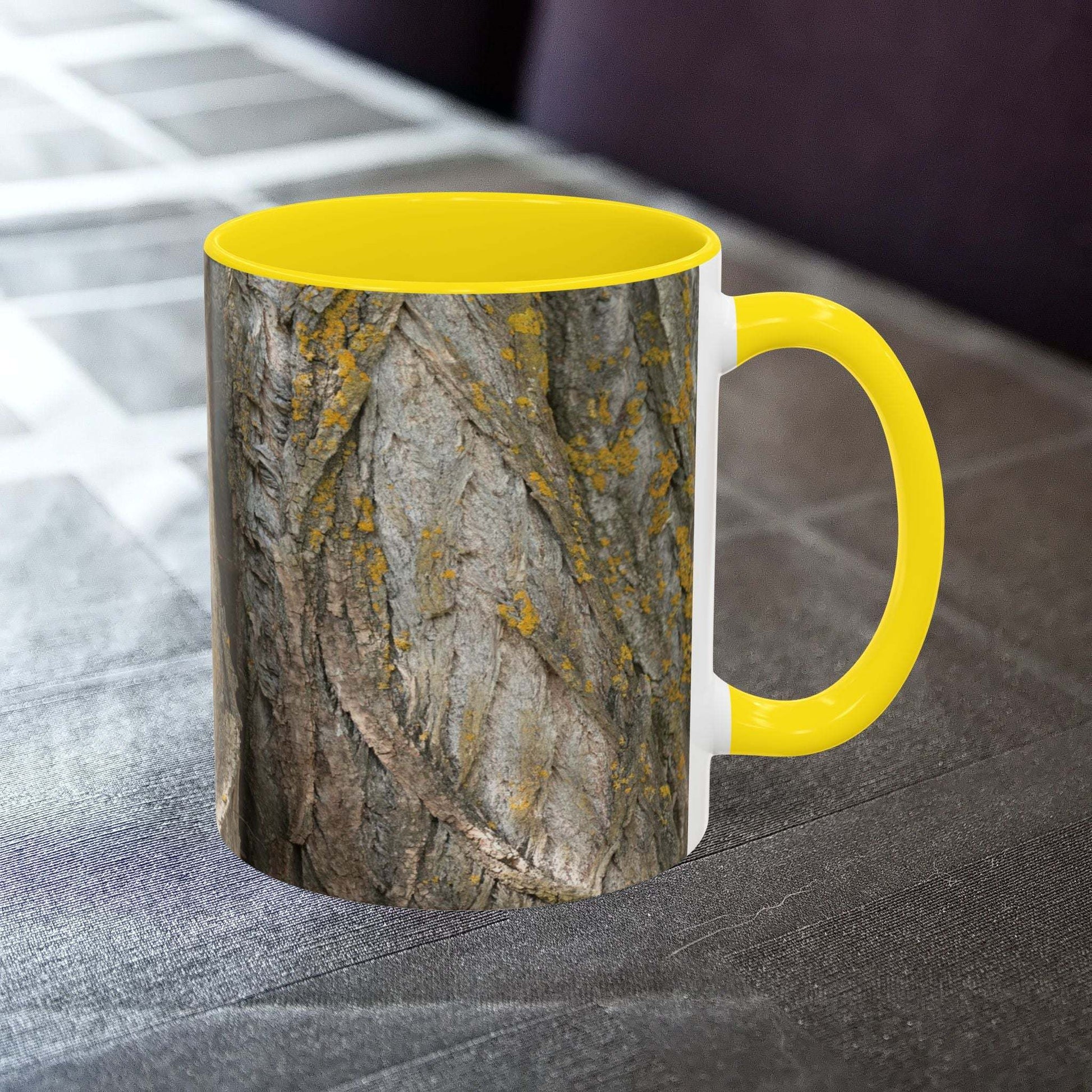 Rustic tree trunk design coffee mug with nature-inspired pattern.