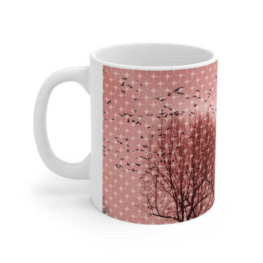 Birds at Dusk Ceramic Mug — Pink Tree Silhouette Coffee Mug