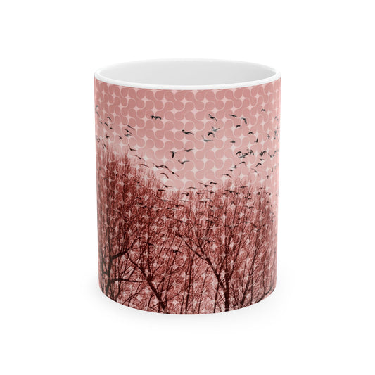 Birds at Dusk Ceramic Mug — Pink Tree Silhouette Coffee Mug (11oz & 15oz)