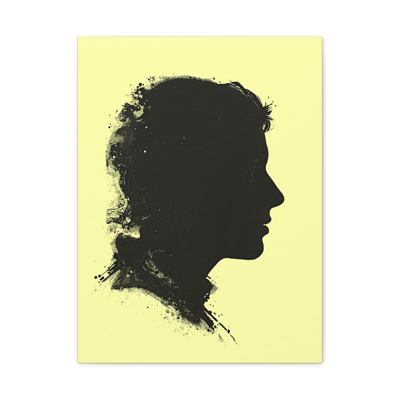 Silhouette Portrait Canvas Print — Vintage Black Profile on Soft Yellow Matte