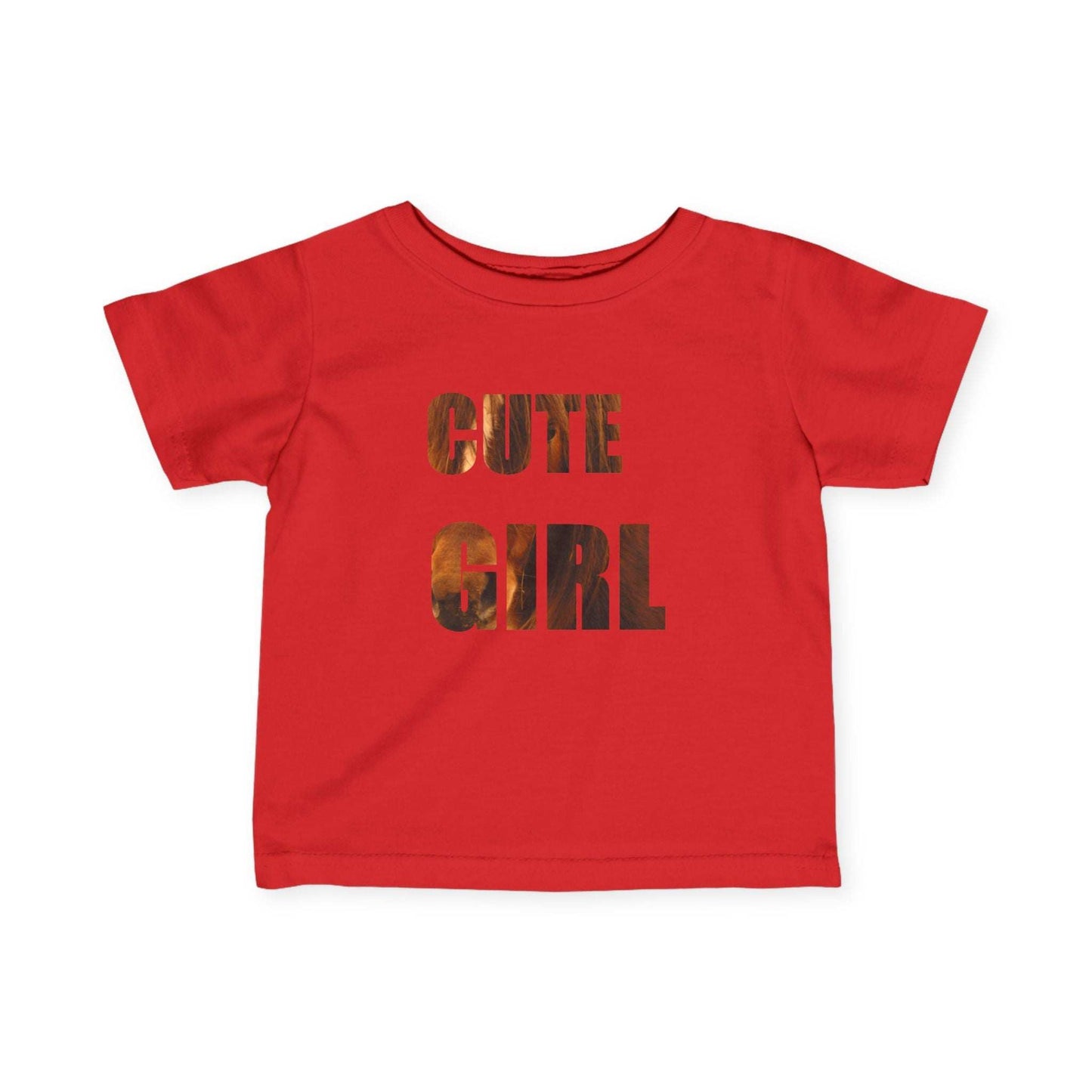 Infant tee with playful "Cute Girl" text featuring horse imagery, perfect gift for animal-loving baby girls.