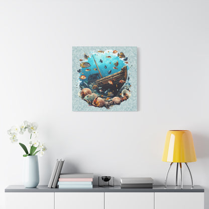 Sunken Ship Ocean Canvas Wall Art — Underwater Fish & Seashell Print
