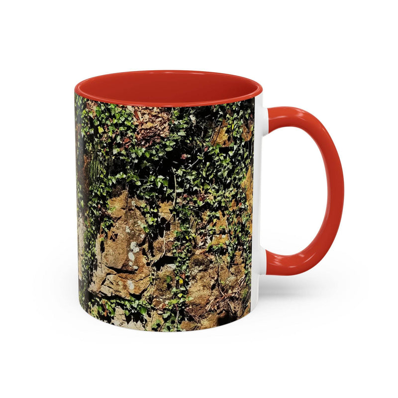Premium 11oz Mug - Overgrown Rocks Adventure Coffee Mug for autumn days, featuring a red handle and red inside.