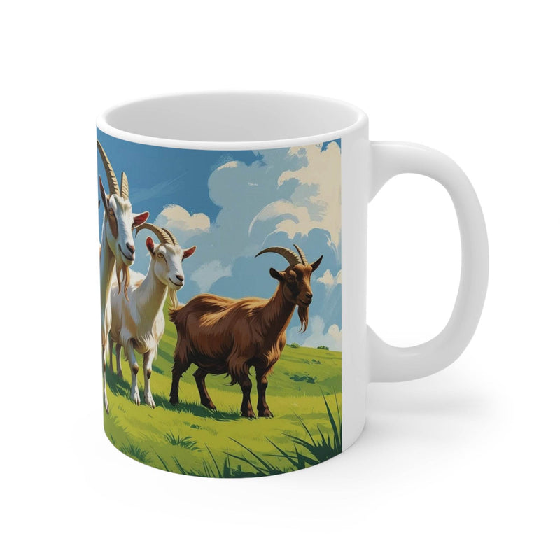 Glänzender 325ml Kaffeebecher aus robustem Keramikmaterial mit praktischem Henkel und einer kunstvollen Ziegen-Illustration.