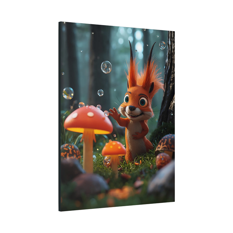 Cute Squirrel & Mushroom Canvas Print — Whimsical Forest Nursery Wall Art