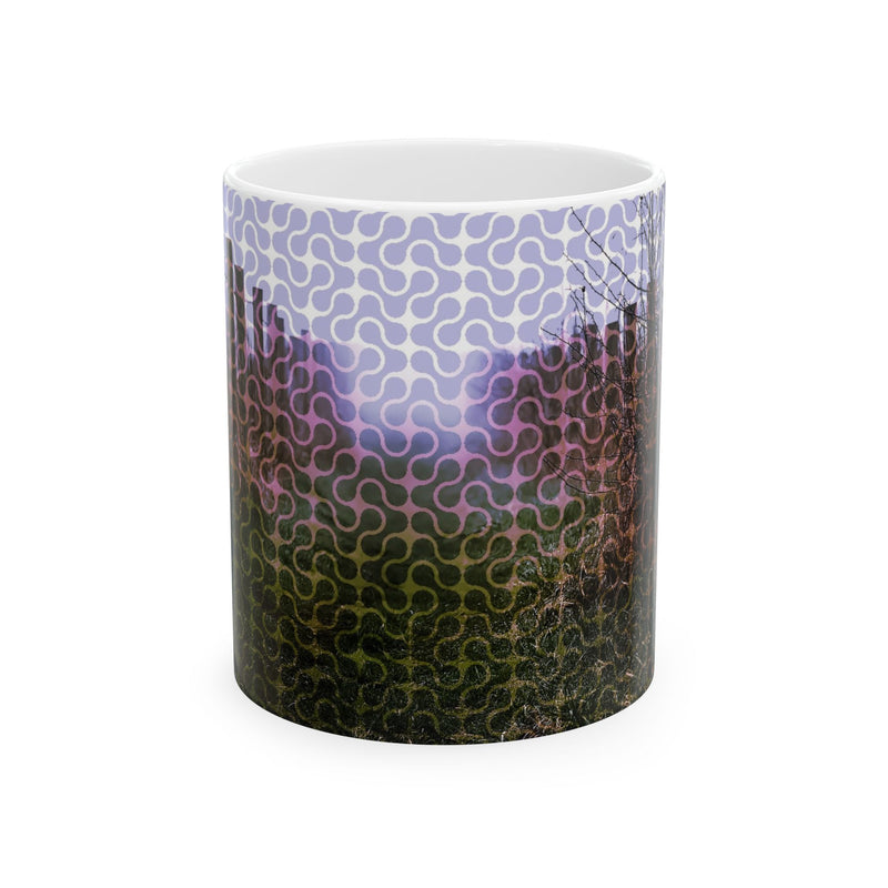 Glossy white 11oz woodland scenery coffee cup wrapping a quiet memory of a morning forest walk around your daily routine.