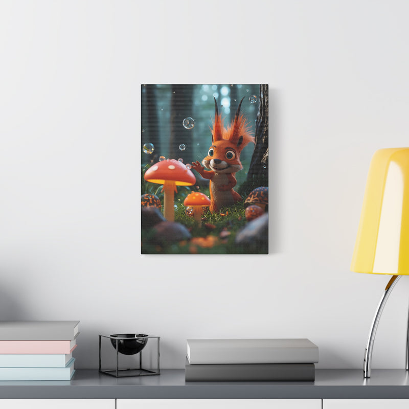 Cute Squirrel & Mushroom Canvas Print — Whimsical Forest Nursery Wall Art
