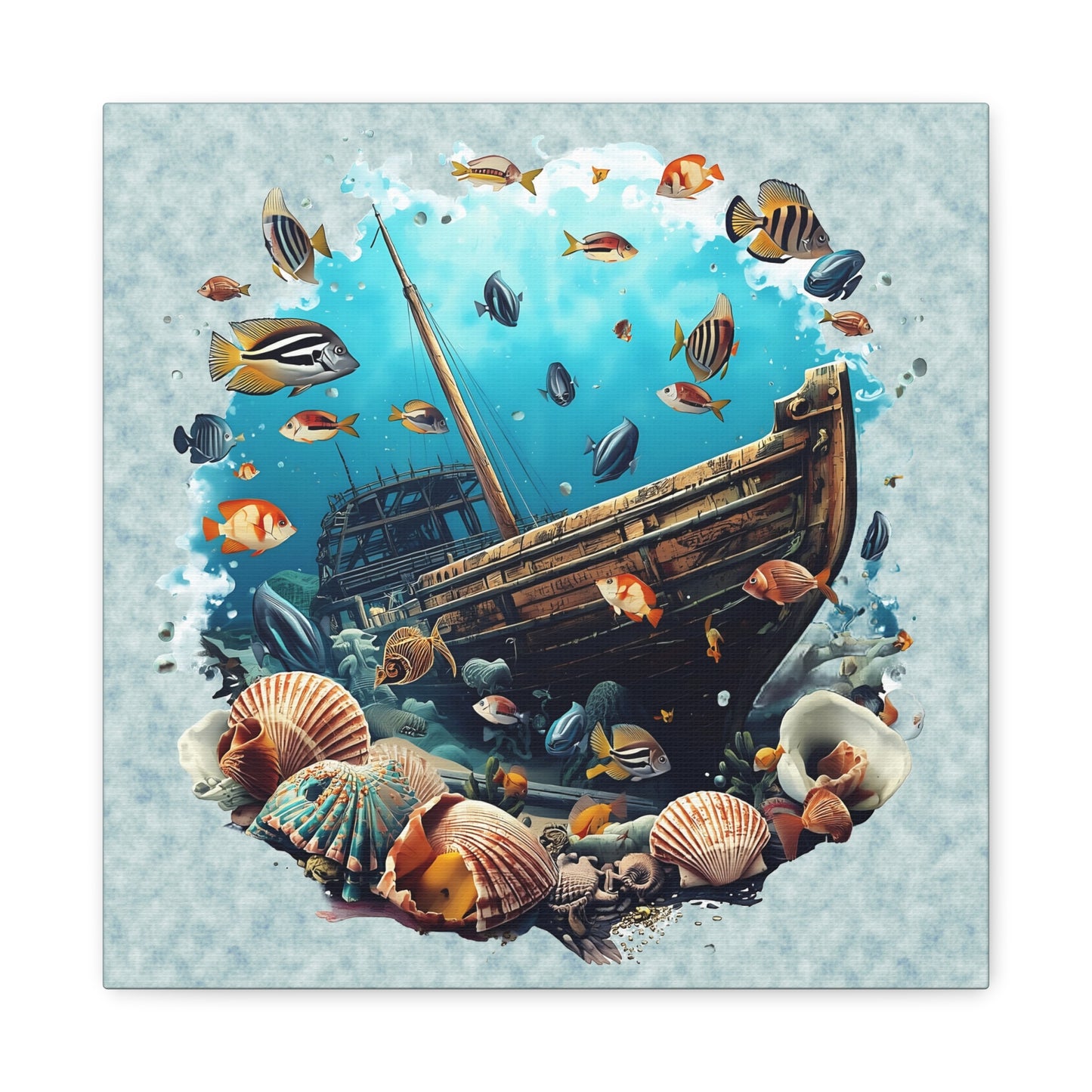Sunken Ship Ocean Canvas Wall Art — Underwater Fish & Seashell Print