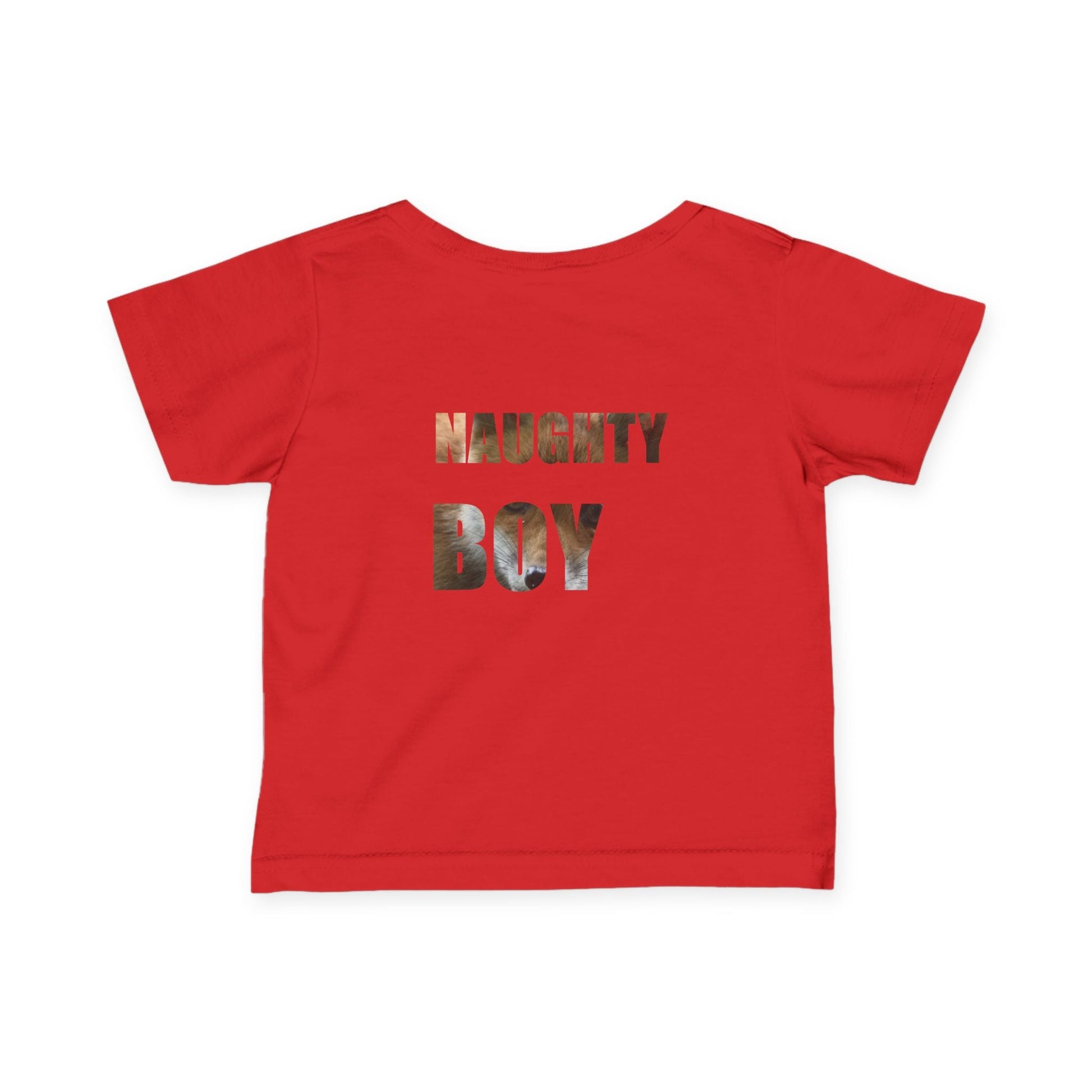 Red "Naughty Boy" infant tee made from soft cotton, perfect for playful toddlers and special occasions.