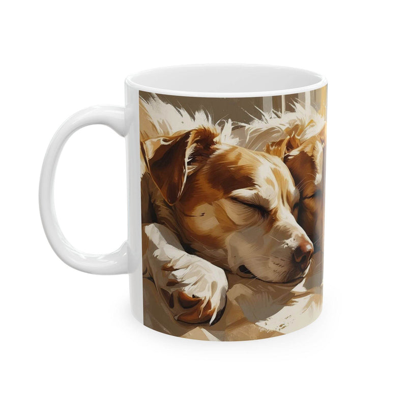 Heartwarming 11oz ceramic coffee mug featuring an endearing illustration of four dogs nestled next to each other in peaceful slumber.