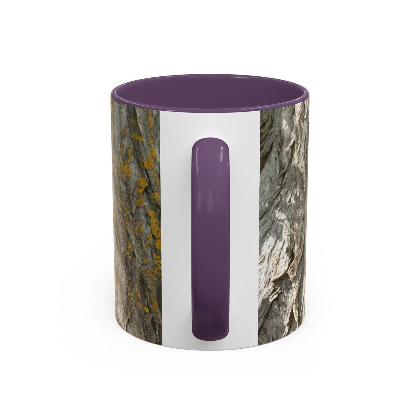 Earthy 11oz Coffee Mug - Tree Trunk Design on a placemat, showcasing its purple handle and purple inside.