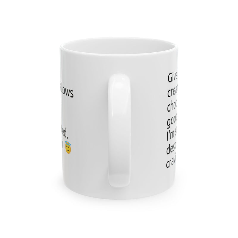 Durable 11oz microwave and dishwasher safe ceramic coffee mug with a fun chocolate craving message wrap for chocolate lovers.
